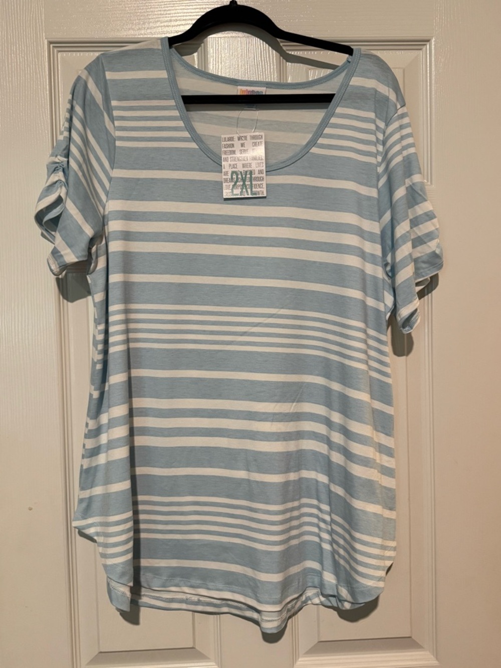 LuLaRoe Light Blue & White Striped Scoop Neck Short Sleeve Top